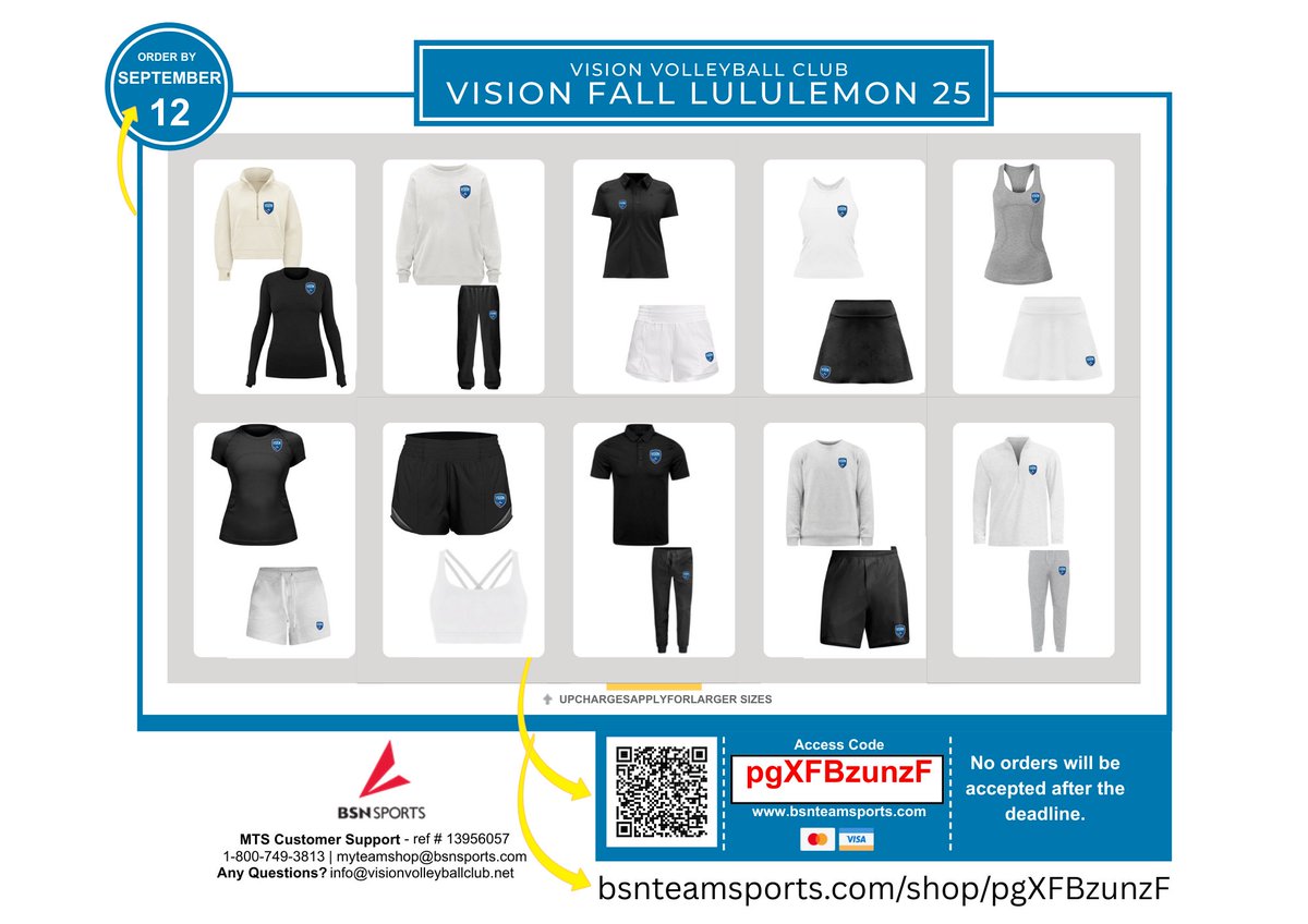 Vision Volleyball Club (@visionvbclub1) on Twitter photo 🎉 Vision Volleyball Club × Lululemon 🎉
🗓️ Open NOW‼️
👕 50+ premium Lululemon items for players, parents & fans
💻 Shop here: bsnteamsports.com/shop/pgXFBzunzF
⚠️ Closes Friday Sept 12th – don’t miss out! 🎉 Vision Volleyball Club × Lululemon 🎉
🗓️ Open NOW‼️
👕 50+ premium Lululemon items for players, parents & fans
💻 Shop here: bsnteamsports.com/shop/pgXFBzunzF
⚠️ Closes Friday Sept 12th – don’t miss out!
