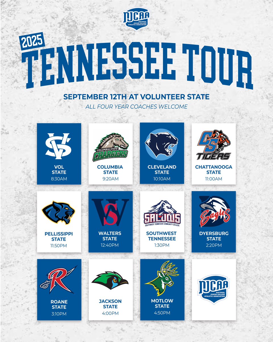 🚨 4-Year Coaches 🚨
The Squad is ready to put on a show🔥🔥… our 24-25 squad is LOADED. 

Catch our team practice live at the <a href="/TCCAAsports/">Tennessee Community College Athletic Association</a>  tour at Volunteer State on Friday, 9/12 @ 12:40 pm.

🔵🔴🤘🏽 #WaltersUp #GetUpTheHill