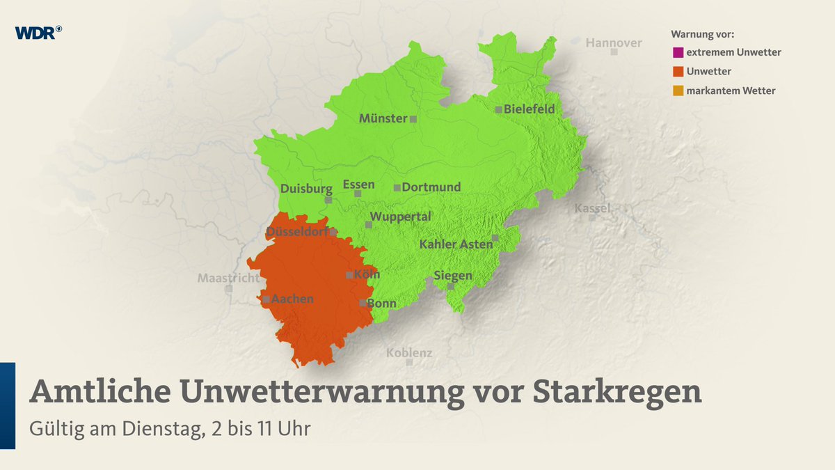 Der Deutsche Wetterdienst (DWD) hat eine Amtliche Unwetterwarnung vor heftigem Starkregen in Teilen des Rheinlandes herausgegeben. In der Nacht zu Dienstag kann es ab etwa zwei Uhr bis Dienstagvormittag um 11 Uhr ergiebige Niederschläge im Land geben.
www1.wdr.de/nachrichten/we…