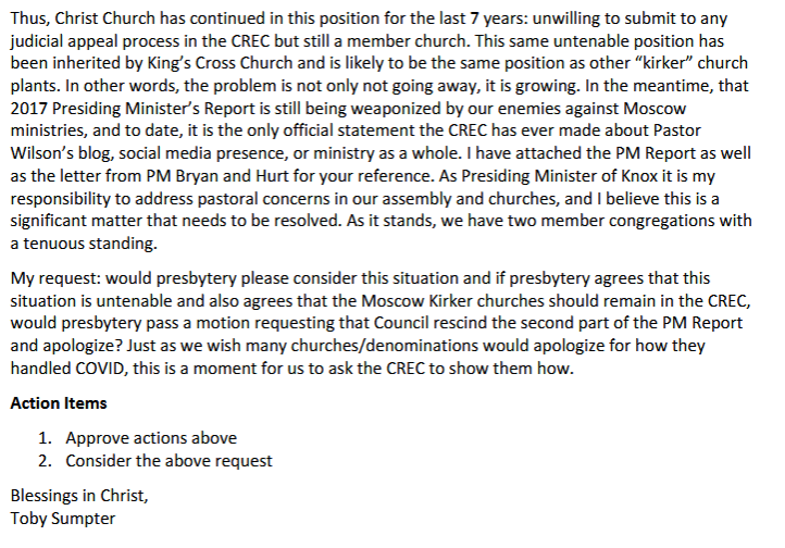 Jeff_Palouse's tweet photo. In 2018 Christ Church (Moscow, ID) almost left the CREC, in protest over CREC leaders' criticism of Doug Wilson's public posting about sexual abuse cases in his church.

Christ Church is now "unwilling to submit to any judicial appeal process in the CREC." https://t.co/4M5hkOxxVs https://t.co/SAk2aRr8u4