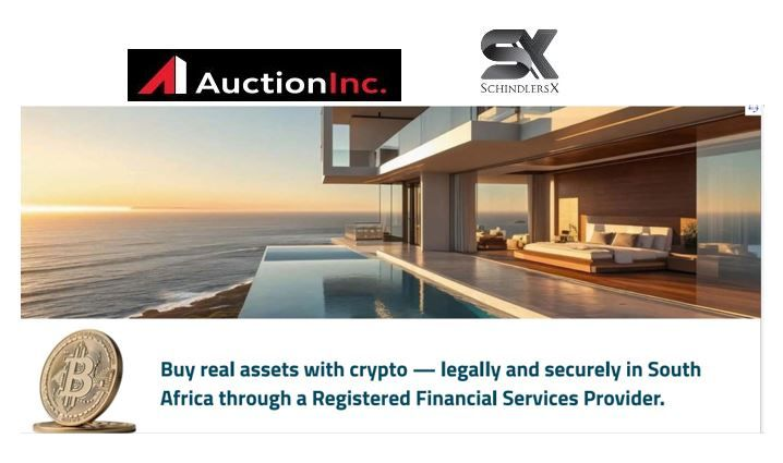Excited to Share: AuctionInc. is Partnering with SchindlersX to Revolutionize Crypto Property Investment in South Africa! Ready to explore the possibilities? Send us a message to schedule a time to chat, and let's discuss how crypto can unlock your South African property dreams!