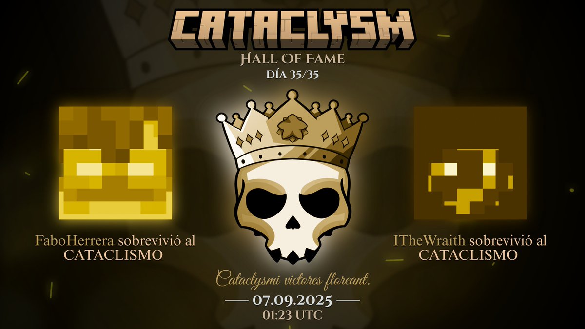 ❤️‍🔥🏆 Cataclysmi victores floreant 🏆❤️‍🔥
<a href="/AlsoKnownAsFabo/">Fabo</a> y <a href="/ITheWraith_/">ITheWraith</a> ingresan hoy al Hall of Fame como testimonio de su hazaña.

Felicitaciones por haber sido los únicos en sobrevivir al cataclismo, al lograr atravesar el portal del spawn en el día treinta y cinco.