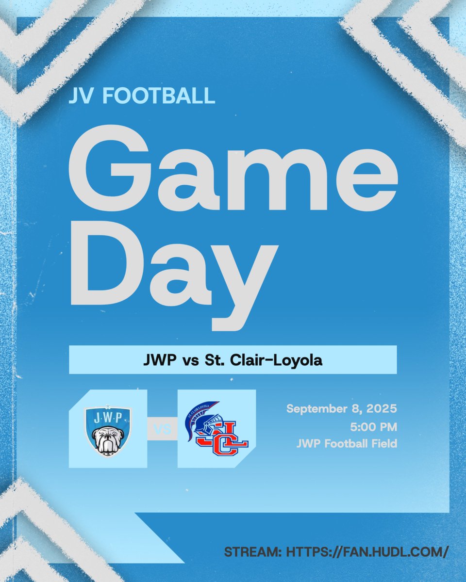 🏈 JV FOOTBALL GAMEDAY 🏈  

JWP Bulldogs vs. St.Clair-Loyola Spartans 
📍 Home Field  
⏰ Kickoff: 5:00pm
📺 Stream: fan.hudl.com