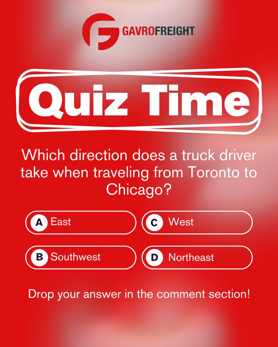 gavrofreight's tweet image. 🧭 Quiz Time! 🚛

If a truck driver is heading from Toronto to Chicago, which direction do they take? 🇨🇦➡️🇺🇸

📞 Canada: 289-965-1560
📞 USA: 844-444-8480
🌐 gavrofreight.com | gogavro.com

#FreightQuiz #LogisticsTrivia #CrossBorderShipping #GavroFreight