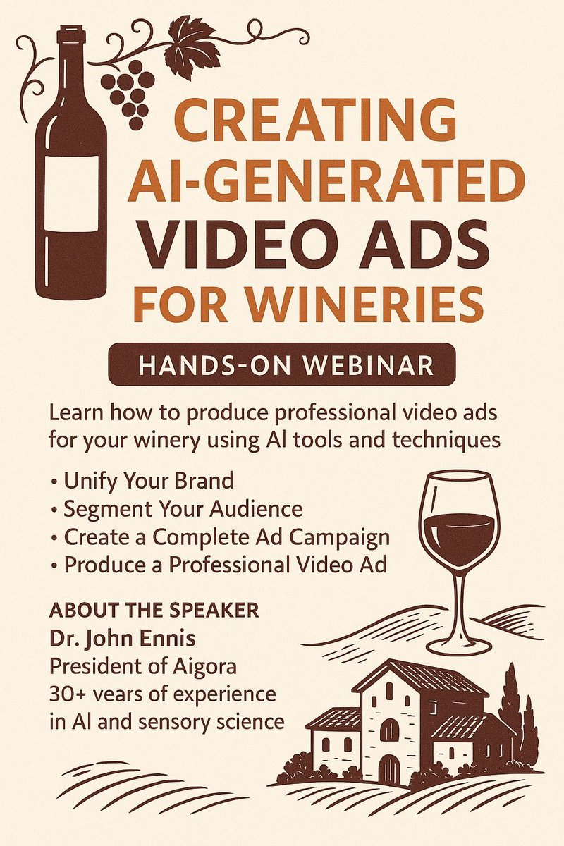 Move beyond theory and discover a complete start-to-finish workflow for creating a professional, on-brand video ad to promote your winery using the latest AI tools, in this webinar hosted by Texas A&amp;M AgriLife Extension Service, 11:00 a.m., September 12. buff.ly/sJWReW7