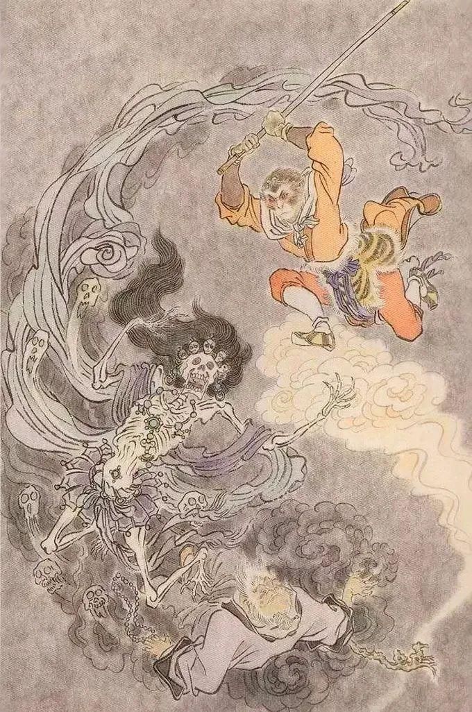 This illustration captures “The Three Battles with the White Bone Spirit” (三打白骨精), a famed episode from Journey to the West. On White Tiger Ridge, the demoness covets the flesh of Tang Sanzang, believing it grants immortality. She transforms thrice—first into a maiden, then