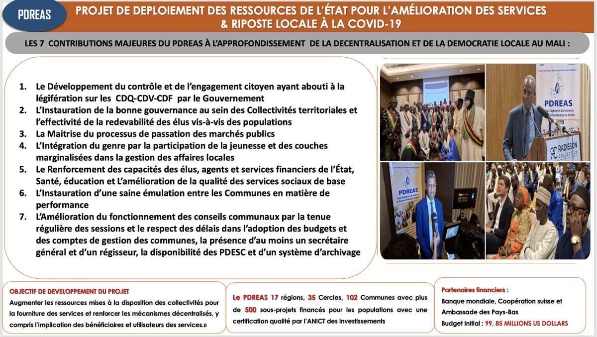 PDREASMali's tweet photo. LES 7  CONTRIBUTIONS MAJEURES DU PDREAS À L’APPROFONDISSEMENT DE LA DECENTRALISATION ET DE LA DEMOCRATIE LOCALE AU MALI :

1. Le Développement du contrôle et de l’engagement citoyen ayant abouti à la légifération sur les  CDQ-CDV-CDF  par le Gouvernement

2. L’Instauration de la bonne gouvernance au sein des Collectivités territoriales et l’effectivité de la redevabilité des élus vis-à-vis des populations

3. La Maitrise du processus de passation des marchés publics

4. L’Intégration du genre par la participation de la jeunesse et des couches marginalisées dans la gestion des affaires locales

5. Le Renforcement des capacités des élus, agents et services financiers de l’État, Santé, éducation et L’amélioration de la qualité des services sociaux de base

6. L’Instauration d’une saine émulation entre les Communes en matière de performance

7. L’Amélioration du fonctionnement des conseils communaux par la tenue régulière des sessions et le respect des délais dans l’adoption des budgets et des comptes de gestion des communes, la présence d’au moins un secrétaire général et d’un régisseur, la disponibilité des PDESC et d’un système d’archivage
@WBG_IDA , @ousmane_diagana , @WorldBank , @WorldBankAfrica , @worldbankdata , @WorldBankIndia, @WorldBankKenya , @tahirou_kalam , @gddedu , @ftchanatchana1 , @EdmondBagde , @mouslim_sidi , @patrickoetienne , @gango7 , @DiengWahab , @DDCMali , @NLauMali , @SwedeninML , @UNDP , @UNDP_India , @UNDP4Youth ,  @Mali, #PDREASMali