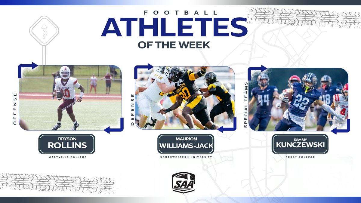 SAA Sports (@saa_sports) on Twitter photo π SAA Football | Athletes of the Week
Offense: Bryson Rollins, <a href="/MCScots/">Maryville College Athletics</a>
Defense: Maurion Williams-Jack, <a href="/SUPirates/">Southwestern Pirates</a>
Special Teams: Sammy Kunczewski, <a href="/BerryVikings/">Berry Athletics</a>
πow.ly/lwLU50WTkqa
#SAAUnmatched π SAA Football | Athletes of the Week
Offense: Bryson Rollins, <a href="/MCScots/">Maryville College Athletics</a>
Defense: Maurion Williams-Jack, <a href="/SUPirates/">Southwestern Pirates</a>
Special Teams: Sammy Kunczewski, <a href="/BerryVikings/">Berry Athletics</a>
πow.ly/lwLU50WTkqa
#SAAUnmatched