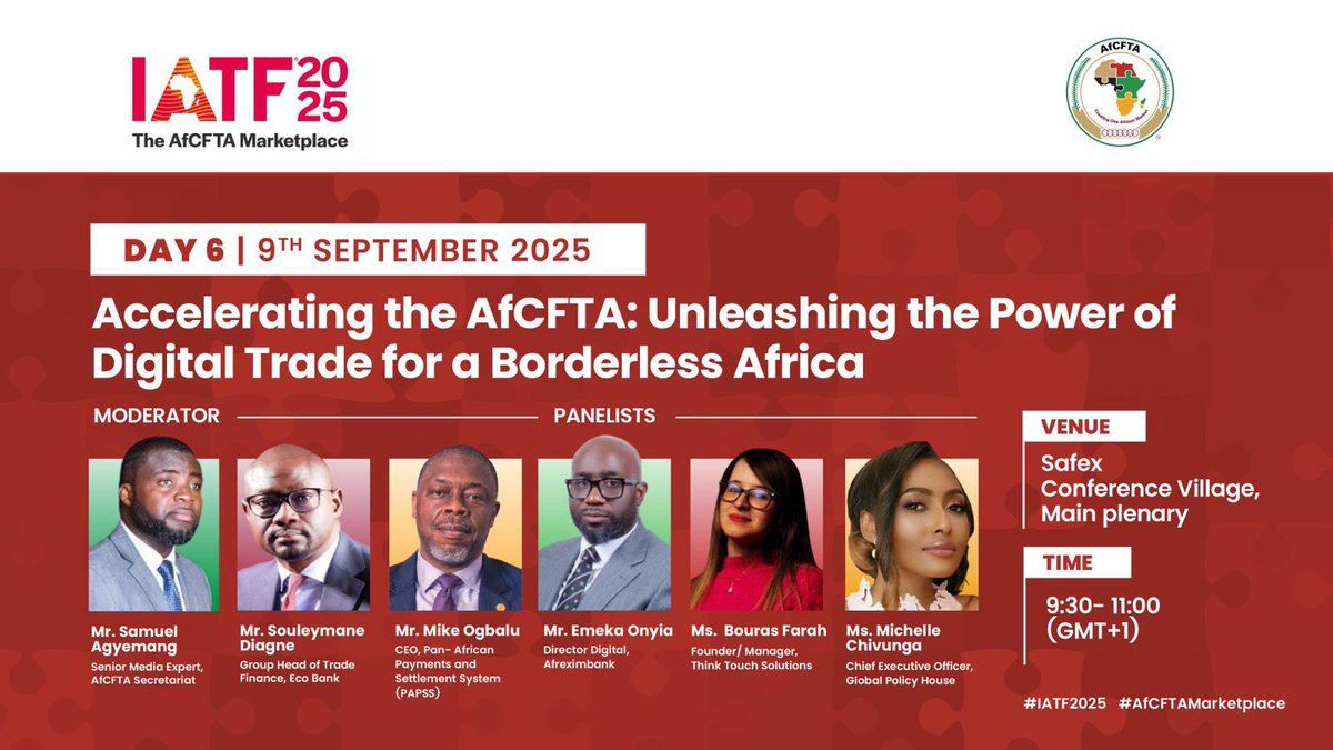 Join us tomorrow at the Main Plenary, SAFEX, from 9:30 – 11:00 AM for an  insightful panel discussion on: “Accelerating the AfCFTA: Unleashing the  Power of Digital Trade for a Borderless Africa.”