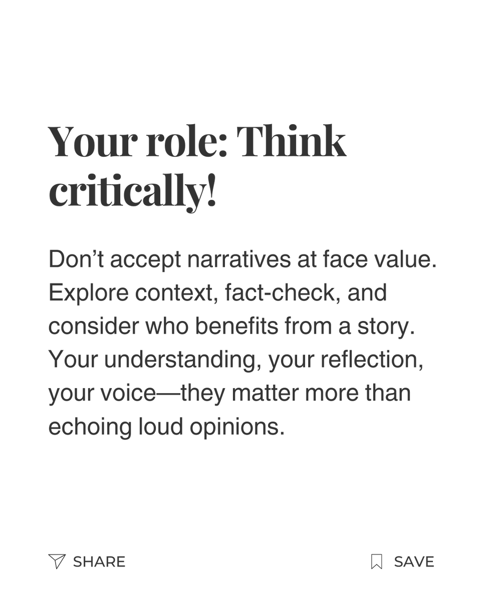 The more actively we engage with information, the less we are manipulated by it. Our choices matter not just in what we believe, but in what we amplify.

Remind yourself to question, reflect, &amp; think independently. How do YOU approach verifying information in a polarized world?