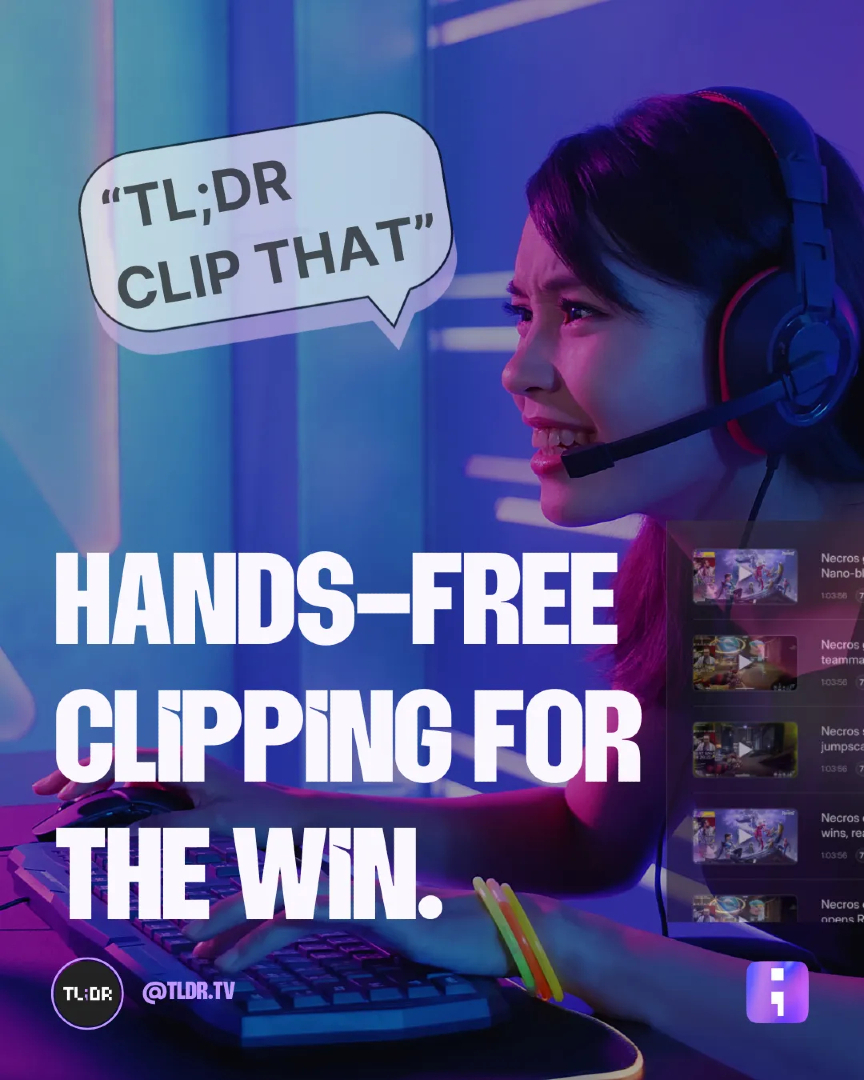 TL_DRtv's tweet image. 🎙️ “Clip That!” – and it’s done.

TL;DR’s voice command feature means no clicking, no distractions, just pure gaming. Say &quot;Clip That&quot; and your highlight is saved instantly.

Try it now!

🔗 [Sign Up in Bio]
.
.
.
#AIstreaming #gamingclips #voicecontrol #Twitchtips #TLDRai
