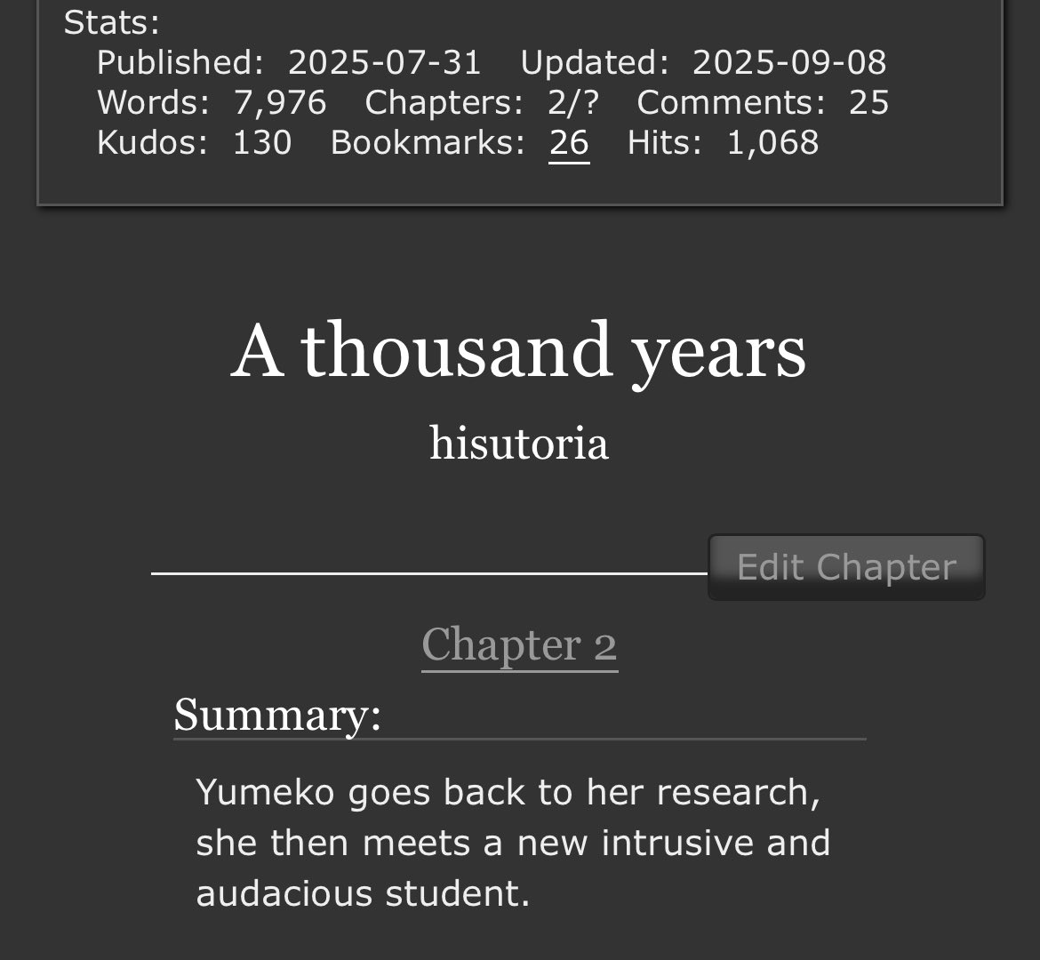 suningojo's tweet image. Chapter 2 of “A thousand years” is out 🧛‍♀️

I recommend rereading chapter 1 to recall as I took too long to update. Enjoy! 

archiveofourown.org/works/68477476…