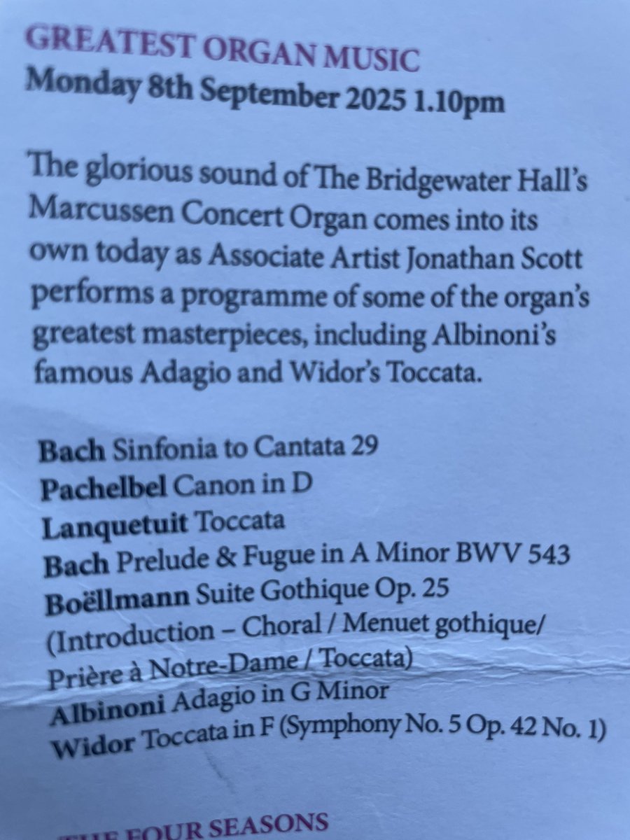 Spectacular start to Jonathan <a href="/ScottBrosDuo/">Scott Brothers Duo</a> organ recital series at <a href="/BridgewaterHall/">The Bridgewater Hall</a>. I particularly enjoyed hearing the entire Suite Gothique and not just the Toccata finale. Bravissimo!