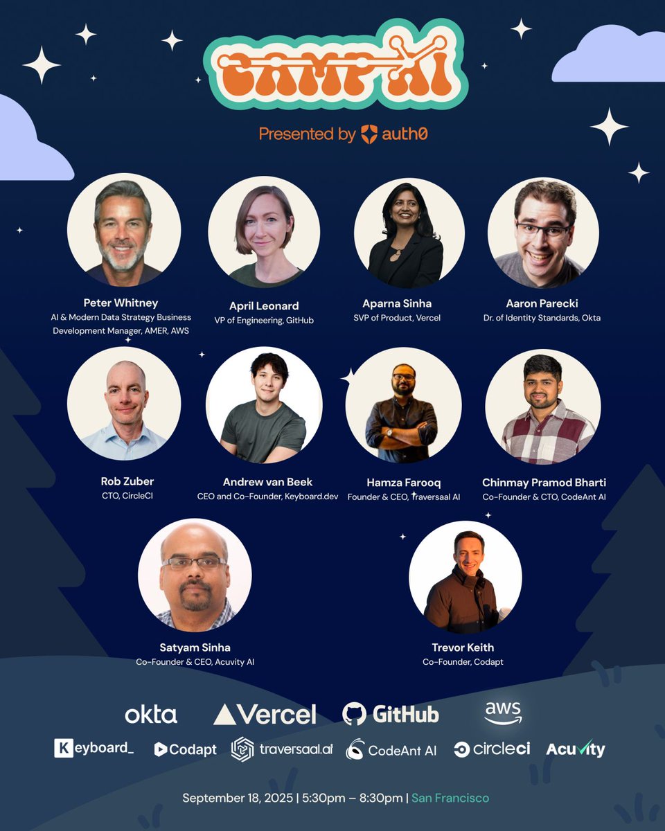 auth0's tweet image. 🚀 From cloud giants to scrappy startups, #CampAI brings together @AWScloud, @GitHub, @Vercel, @Okta + more to show how the AI stack is getting built (and secured).

#BuildWithAuth0 #GenAI #DevCommunity