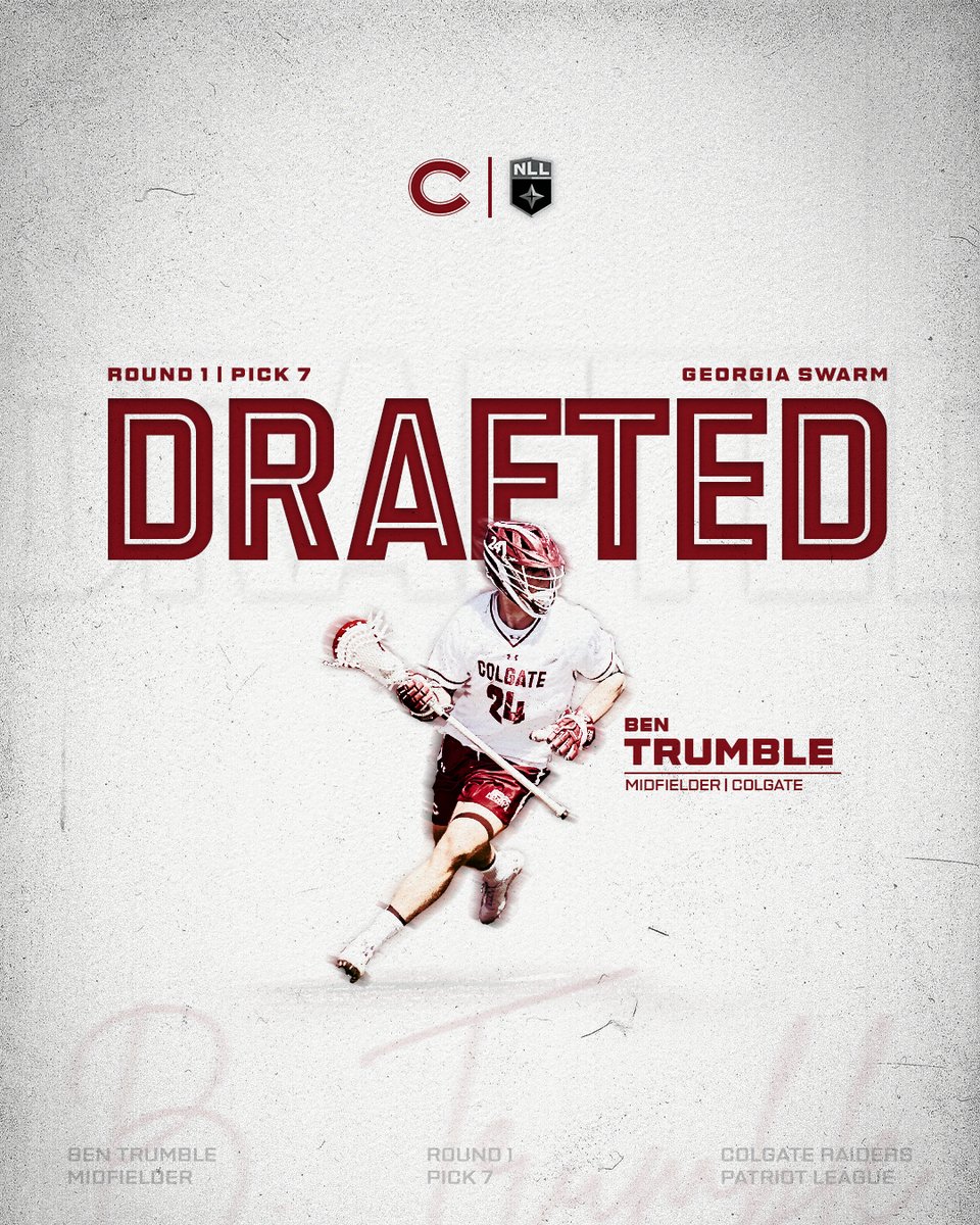ColgateMLax's tweet image. 𝐇𝐚𝐦𝐢𝐥𝐭𝐨𝐧 ➡️ 𝐆𝐞𝐨𝐫𝐠𝐢𝐚

Ben Trumble is heading to Sting City as the first pick for @GeorgiaSwarmLAX  and the 7th overall pick in the @NLL  2025 draft.

Good luck Ben , we’ll be rooting for you all the way from Hamilton!

#GoGate | #GGG