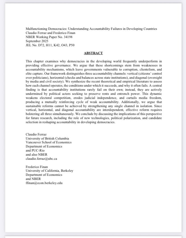 Malfunctioning democracies in developing countries is out as an <a href="/nberpubs/">NBER</a> nber.org/papers/w34198?…