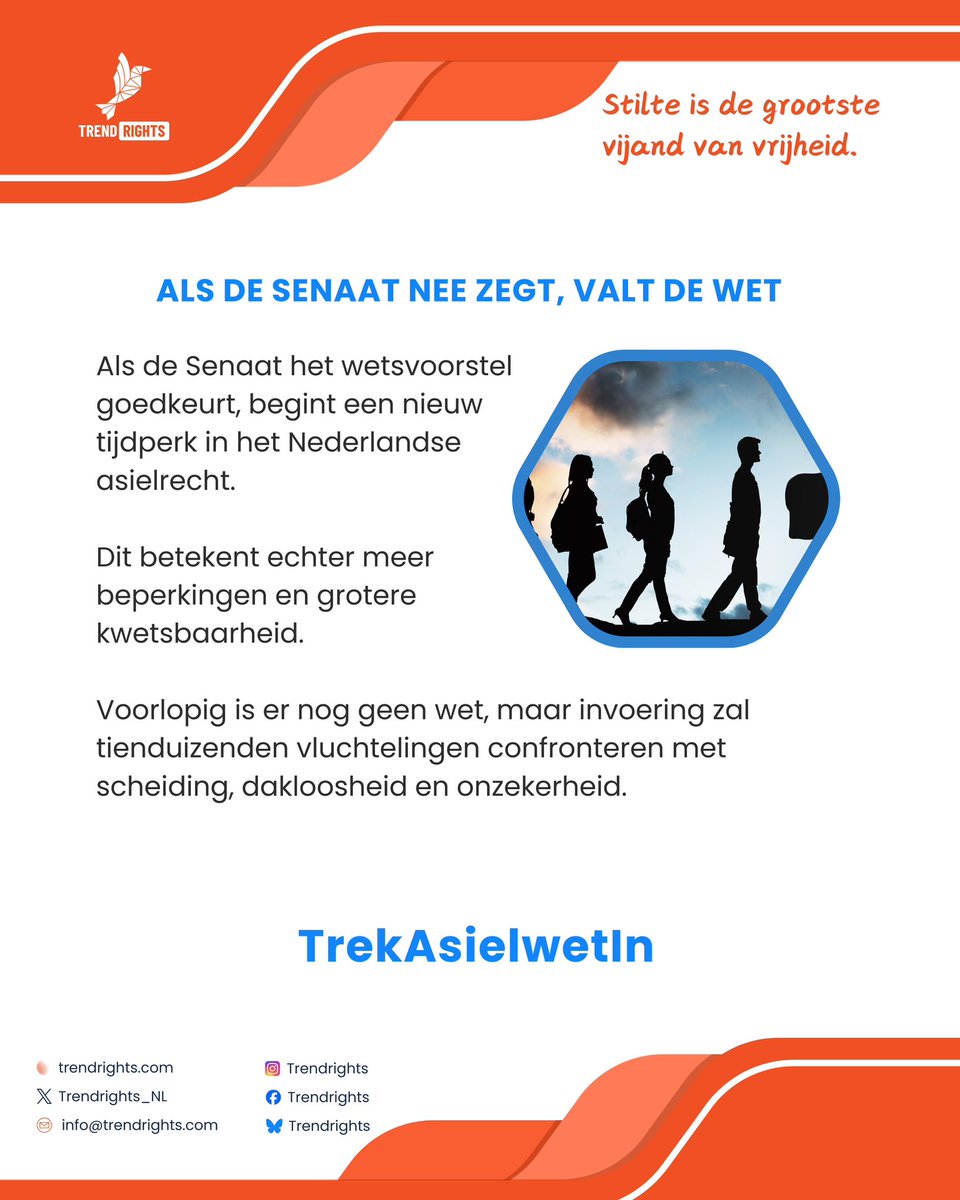👉🏻Als de Senaat het wetsvoorstel goedkeurt, begint een nieuw tijdperk in het Nederlandse asielrecht. Dit betekent echter meer beperkingen en grotere kwetsbaarheid. 
❗️Voorlopig is er nog geen wet, maar invoering zal tienduizenden vluchtelingen confronteren met scheiding,