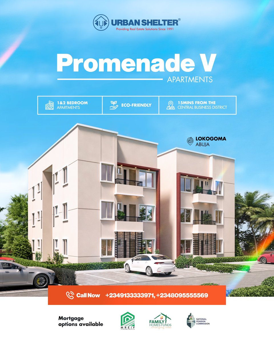 Find your space at Promenade V Apartments, Lokogoma. 🏡✨
1&amp;2 Bedrooms
15 mins from Abuja CBD | 40% initial deposit

✅ MREIF, FHF and RSA mortgages enabled.

CALL US TODAY
📞 +2349133333971, +2348095555569

#UrbanShelter #abujarealestate #lokogoma