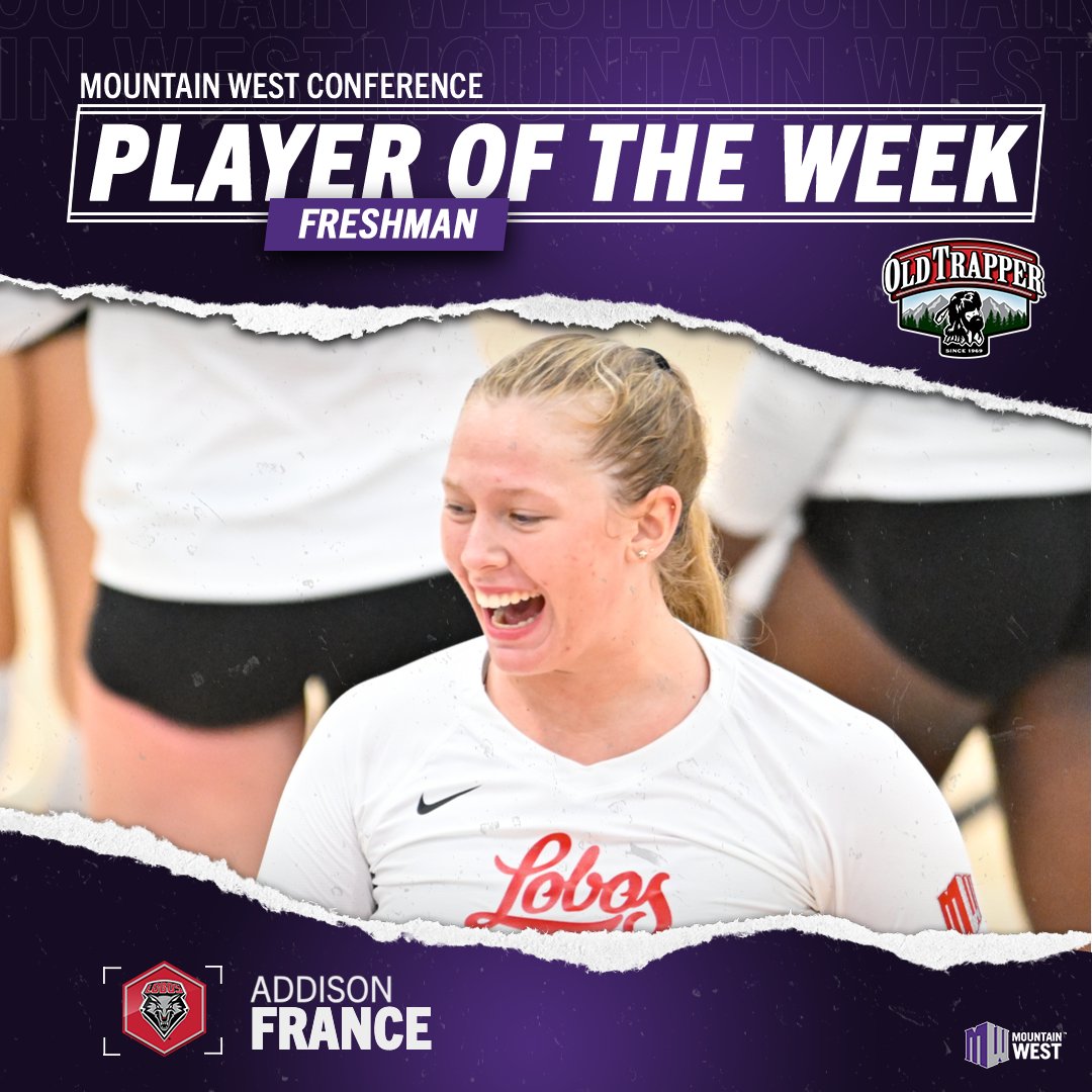 MountainWest's tweet image. 𝙁𝙧𝙚𝙨𝙝𝙢𝙖𝙣 𝙤𝙛 𝙩𝙝𝙚 𝙒𝙚𝙚𝙠 ➡️ 𝘼𝙙𝙙𝙞𝙨𝙤𝙣 𝙁𝙧𝙖𝙣𝙘𝙚
 
France is the Freshman of the Week because she totaled 40 kills and a .351 hitting percentage, 11 digs, four blocks and one assist during the Lobos’ 3-0 week!
 
#MWVB