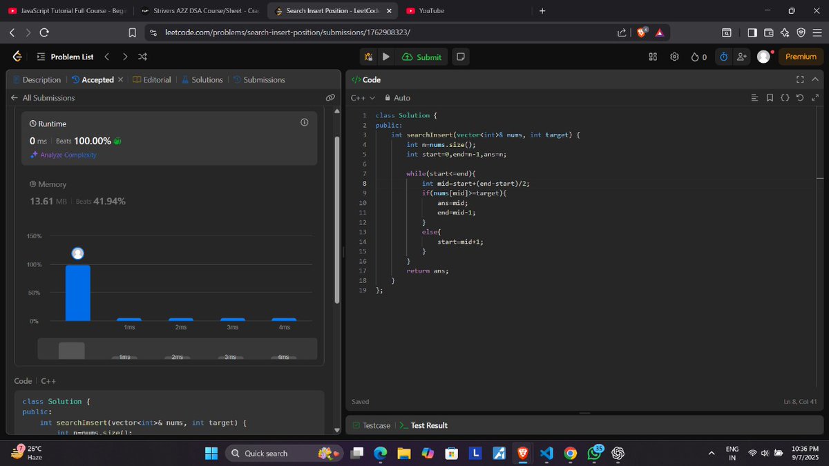 sahu_ipesh's tweet image. Day 16 of #100daysofcode

Solved binary search questions 
-&amp;gt; Search Insert Position
-&amp;gt;Ceil &amp;amp; Floor in Sorted Array
-&amp;gt;  Classic Binary Search
-&amp;gt;  Find Floor in Sorted Array

#buildinpublic #dsa