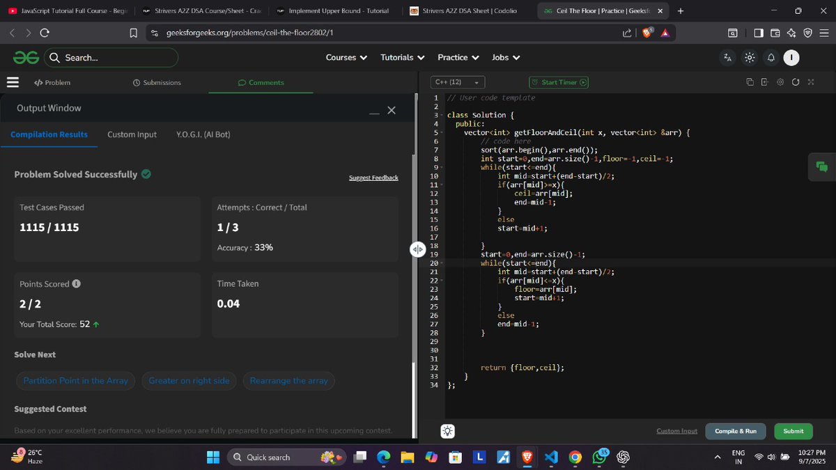 sahu_ipesh's tweet image. Day 16 of #100daysofcode

Solved binary search questions 
-&amp;gt; Search Insert Position
-&amp;gt;Ceil &amp;amp; Floor in Sorted Array
-&amp;gt;  Classic Binary Search
-&amp;gt;  Find Floor in Sorted Array

#buildinpublic #dsa