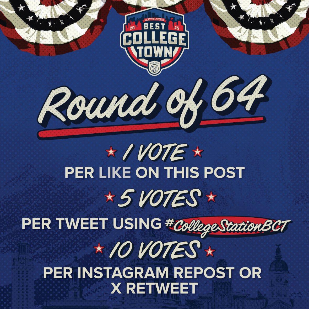 BarstoolTexasAM's tweet image. 🔥 The Round of 64 has begun 🔥

College Station needs YOUR vote to make it to the next round! 🗳️
➡️ Swipe to learn how to vote.
⏰ Voting ends this Thursday at 11:59 PM EST — don’t miss it!

#CollegeStationBCT