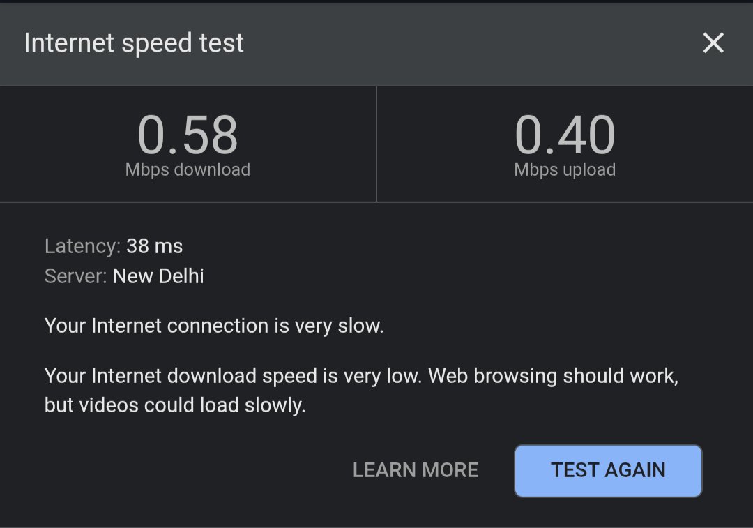 abhinavmpushkar's tweet photo. @TRAI @UPGovt @_DigitalIndia @reliancejio 
Shame on you Jio.
This is 5G speed.
This will promote digital India ?
Shame on you for raising plans prices and downgrading speed.
Irony is that you don't work on complaints.
Again once more shame on you. https://t.co/851hcjatxh