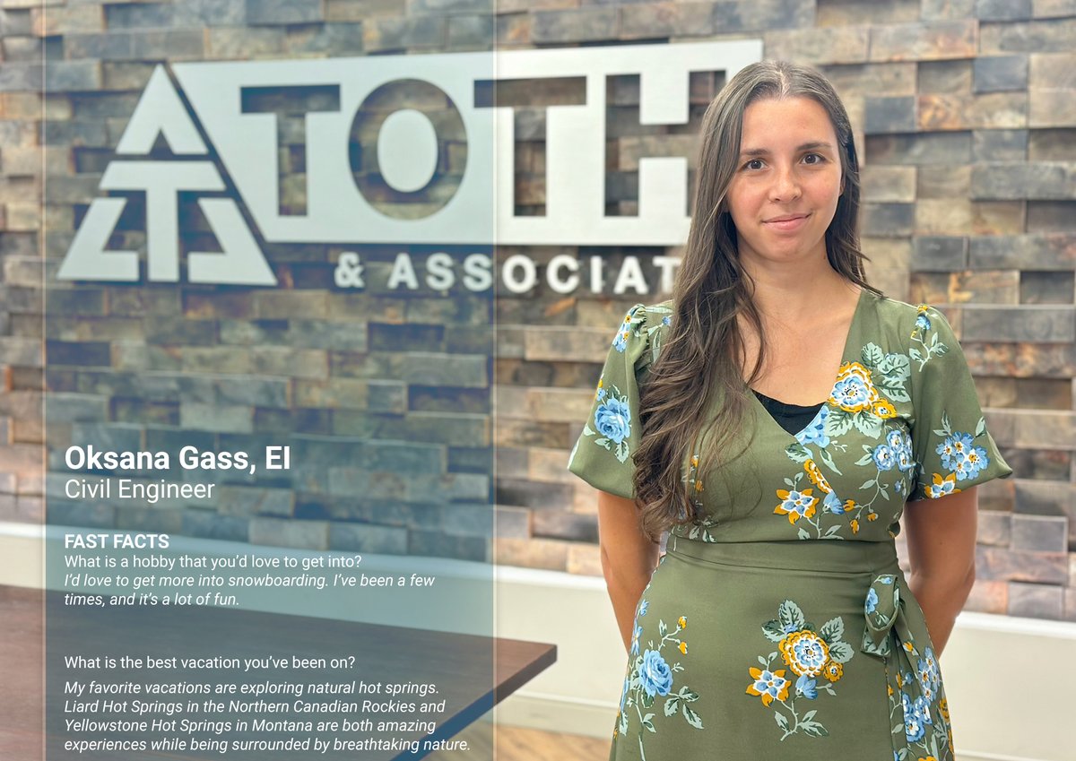 Toth & Associates (@tothassoc) on Twitter photo TOTH welcomes Oksana Gass to the team as an #Engineer in the #Civil Department!
#Engineering #Hiring #StrongerCommunities TOTH welcomes Oksana Gass to the team as an #Engineer in the #Civil Department!
#Engineering #Hiring #StrongerCommunities
