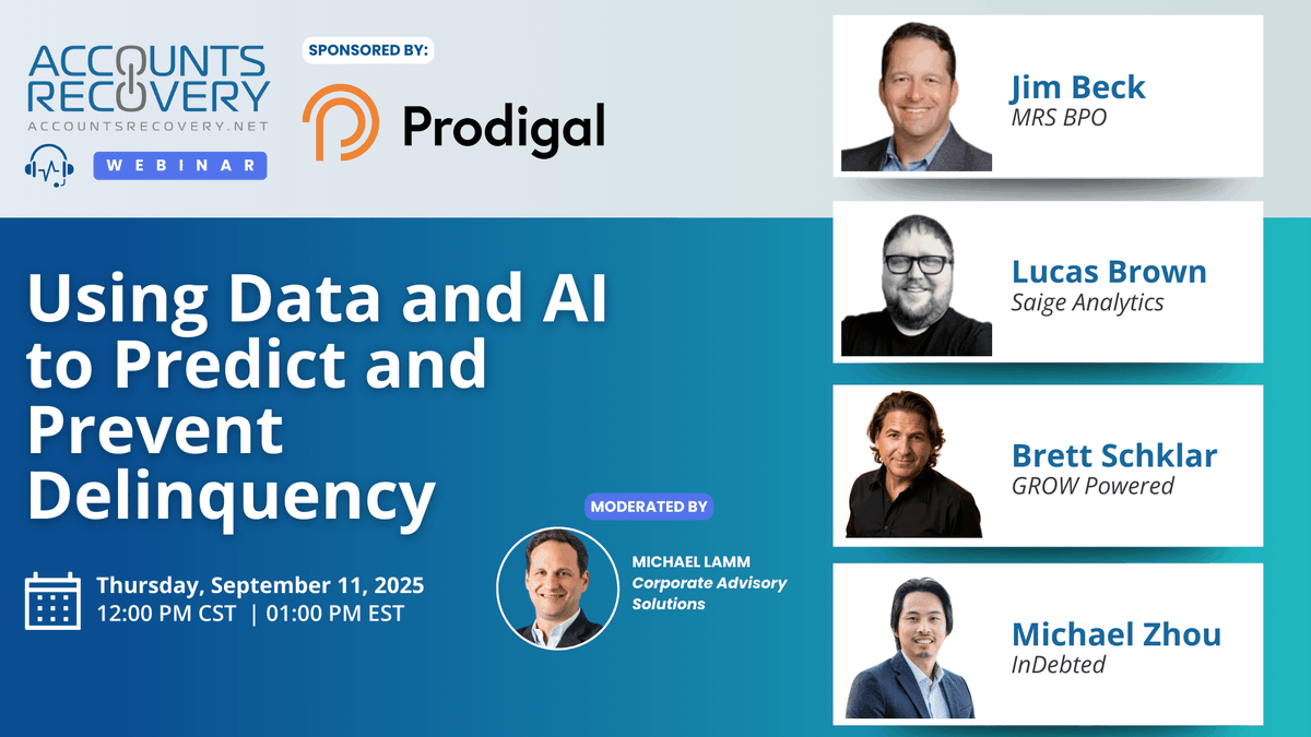 Reacting to delinquency is too late.

The best defense is early detection.

📅 Join us Sept 11, 1 PM ET for the AccountsRecovery.net webinar:

💡 Using data &amp; AI to predict &amp; prevent delinquency

👉 Register here: bit.ly/4nkjQUC
