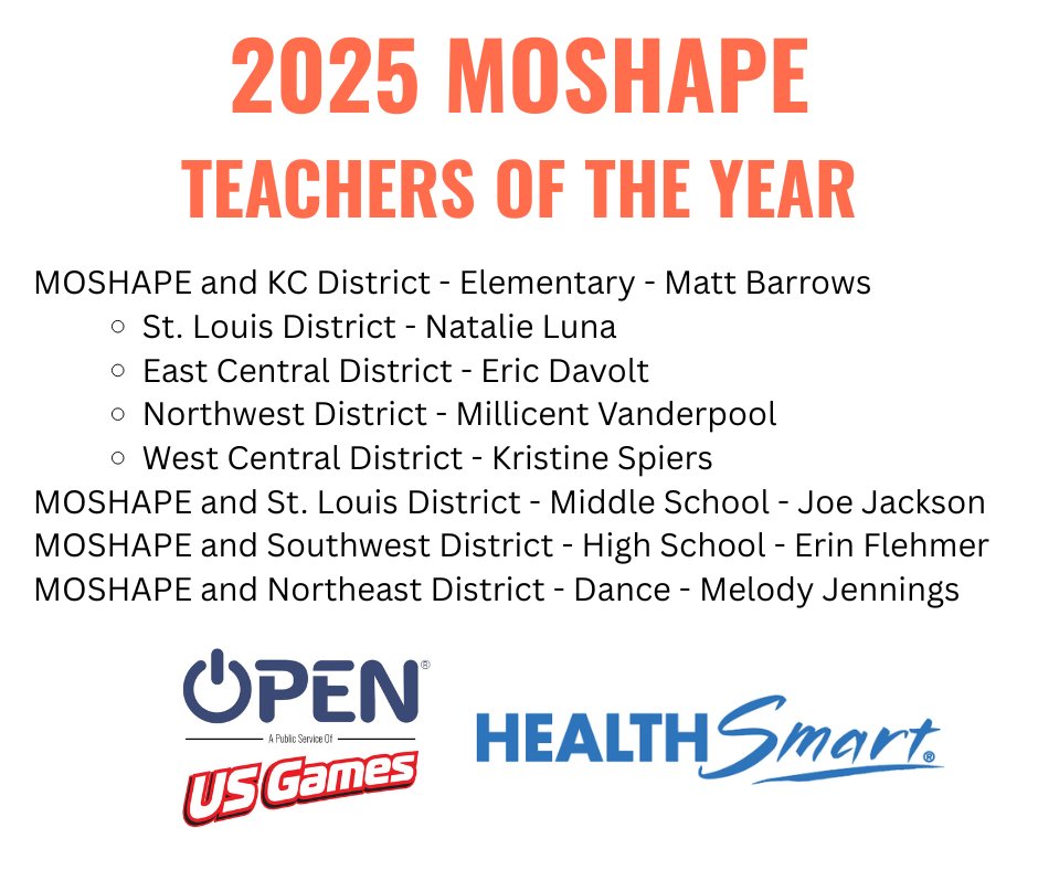Missouri SHAPE (@moshape1) on Twitter photo BREAKING: MOSHAPE ANNOUNCES 2025 TEACHERS OF THE YEAR! Thanks to <a href="/OPENPhysEd/">OPEN Phys Ed</a> and <a href="/HealthSmartK12/">HealthSmart K-12</a> for sponsoring the awards! #Keepingit100 BREAKING: MOSHAPE ANNOUNCES 2025 TEACHERS OF THE YEAR! Thanks to <a href="/OPENPhysEd/">OPEN Phys Ed</a> and <a href="/HealthSmartK12/">HealthSmart K-12</a> for sponsoring the awards! #Keepingit100
