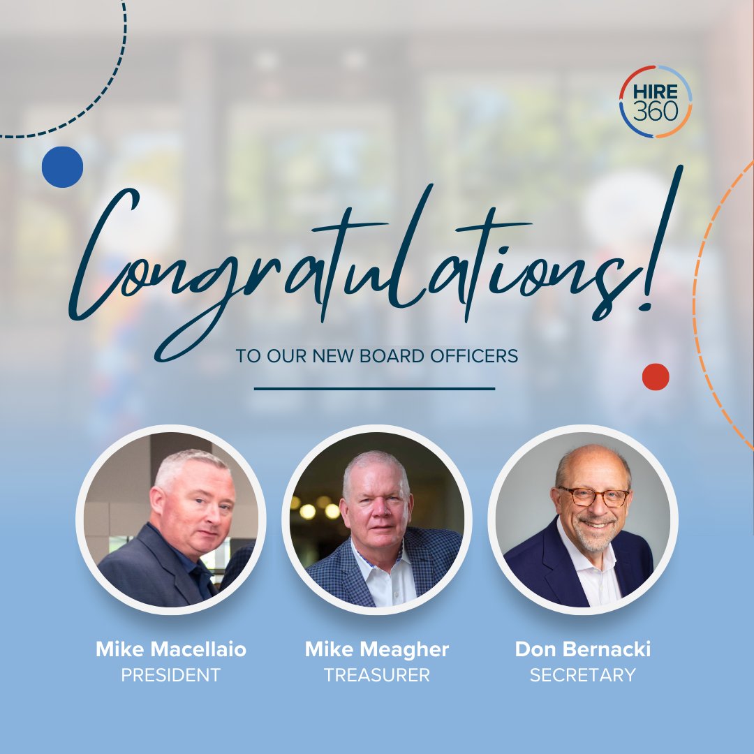 HIRE360Partners's tweet photo. We’re proud to announce the election of our new HIRE360 Board Officers! 

Congratulations to Mike Macellaio, Mike Meagher, and Don Biernacki. We look forward to working alongside them as we continue building pathways to lasting careers and stronger communities. https://t.co/sIG7bRMm1j