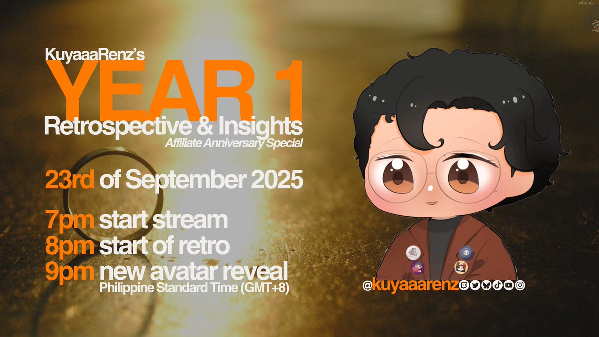 First Twitch affiliate anniversary!

September 23!

Excited to share a presentation on what happened throughout this YEAR 1 journey~

And then we reveal NEW AVATAR hehe

See you!!