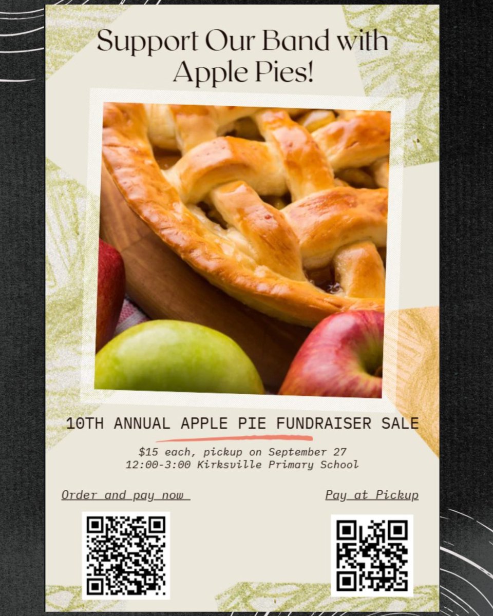 ActivitiesKV's tweet image. Support the KHS Band and treat yourself to a delicious homemade apple pie! 🍏🥧

✅ Freshly baked with love
✅ Perfect for fall gatherings
✅ Proceeds directly support the band🎺🥁🎷

Don’t miss out! Place your order today!

#ApplePieFundraiser #SupportTheBand #SweetSupport