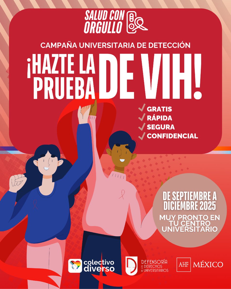 ✨❤️ Salud con Orgullo llega a la UdeG ✨

Estaremos en tu CU con pruebas gratuitas, seguras y confidenciales de VIH y Hepatitis.

🤝 Hacerse la prueba es dignidad y autocuidado.
🚫 El estigma no tiene lugar.
⚖️ El acceso a la salud es un derecho humano
<a href="/ahf_mexico/">AHF México #AHFMX</a> <a href="/ErikaLoyoB/">Érika Loyo Beristáin</a>