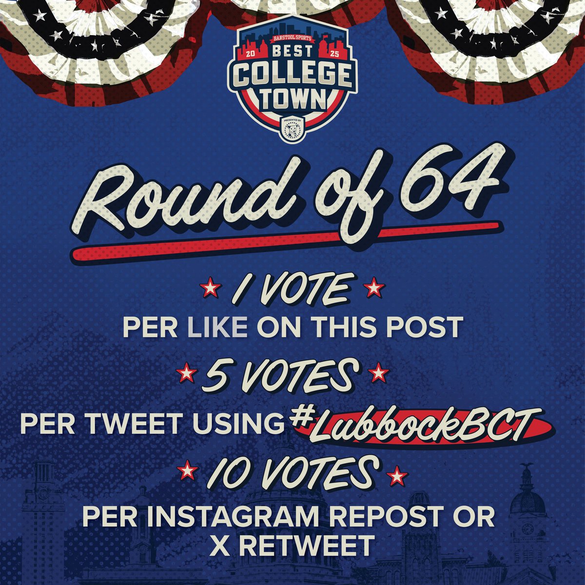 barstoolttu's tweet image. 🔥 The Round of 64 has begun 🔥
Lubbock needs YOUR vote to make it to the next round! 🗳️
➡️ Swipe to learn how to vote.
⏰ Voting ends this Thursday at 11:59 PM EST — don’t miss it! #LubbockBCT