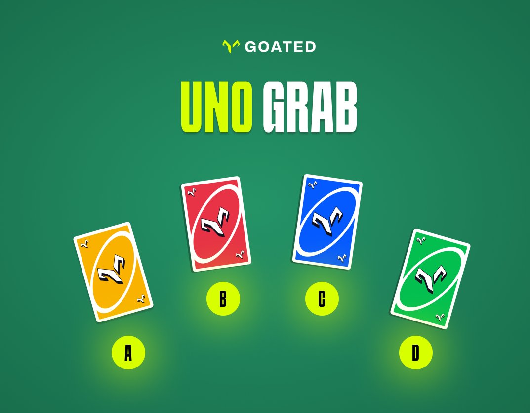 goatedcom's tweet image. Wanna play a round of UNO Grab? 🔥

One of the 4 cards below leads to a prize... guess the right one for a chance to win $50!

Drop your guess and Goated IDs below 👇
