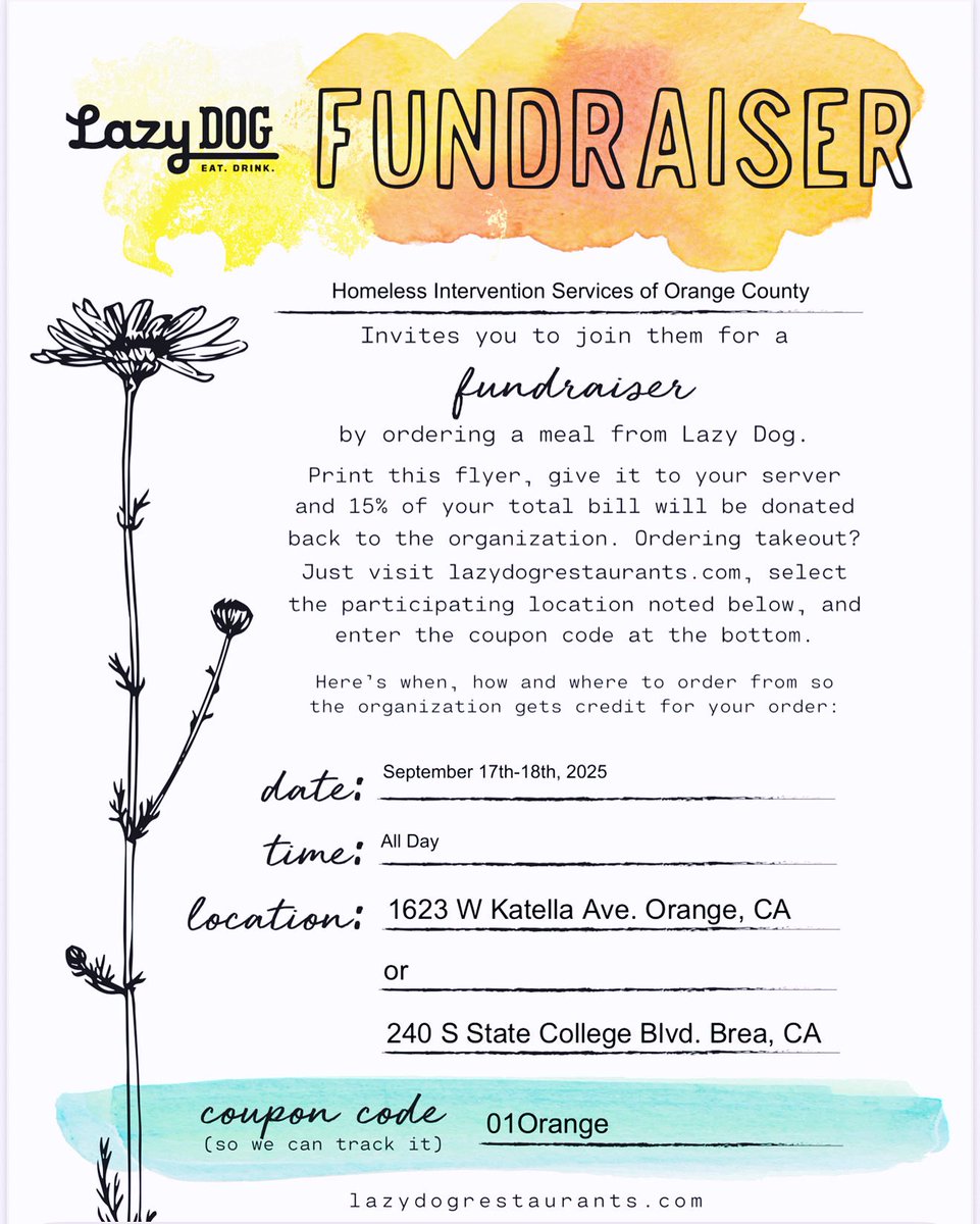 Homeless_Int_OC's tweet image. 📣 Fundraiser Alert!
🍽️ Dine at Lazy Dog
📍 Brea &amp;amp; Orange Locations
📅 Sept 17 &amp;amp; 18
❤️ 15% of your bill supports Homeless Intervention Services of OC!
Eat good. Do good. Bring friends. 💥
#Fundraiser #LazyDog #SupportOC #DineForACause #HomelessInterventionOC #OrangeCounty