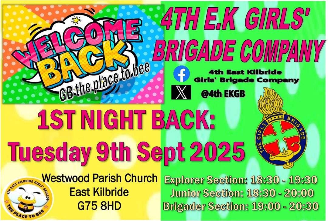 Remember tomorrow night is the 4th East Kilbride Girls Brigade Company 1st night of our new session from P1 to S5 welcome, hope to see you tomorrow.