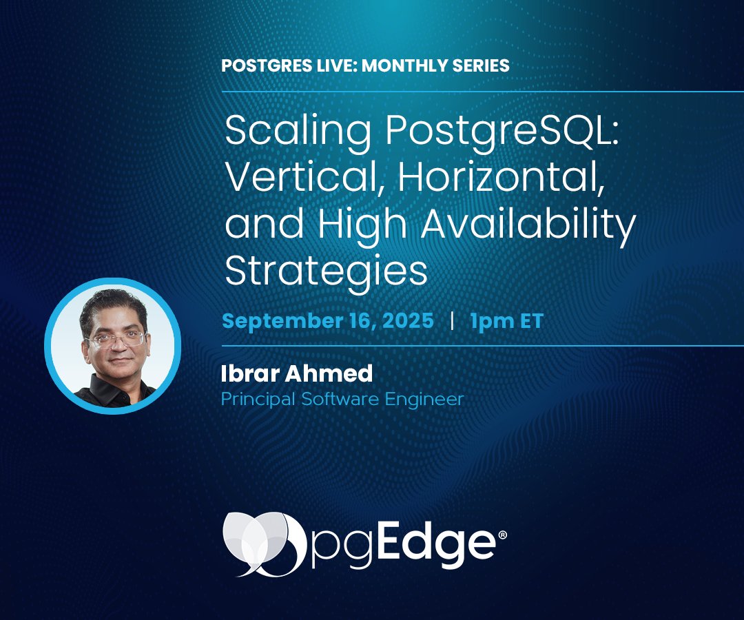 🚀 Scaling Postgres isn’t just about more hardware.
Learn how to combine vertical + horizontal scaling + HA for performance &amp; resilience.

🔑 Tuning tips, replication, sharding, failover &amp; more.

👉 Register now: hubs.la/Q03HlT850

#Postgres #PostgreSQL #Scaling #Databases