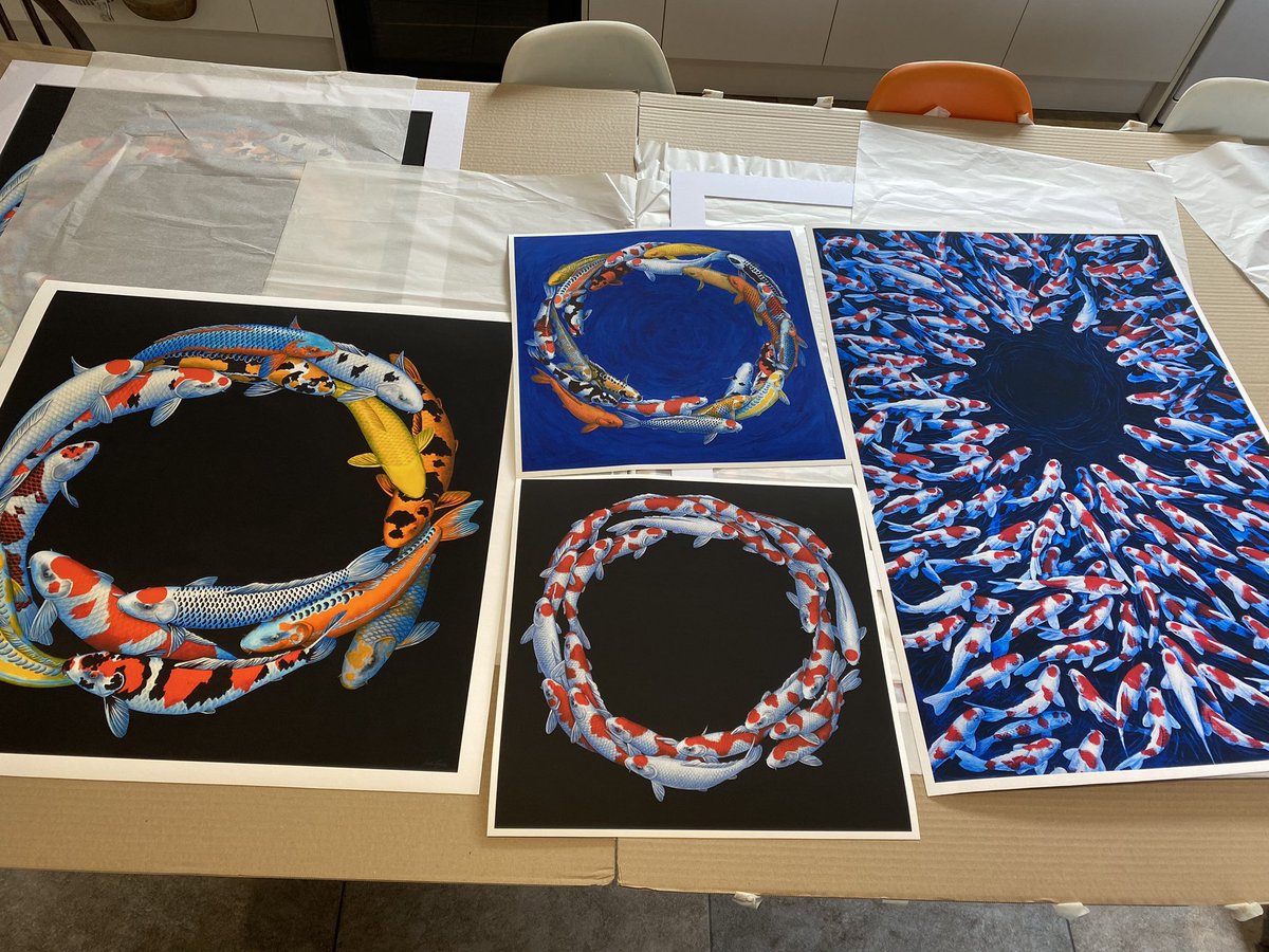 Getting ready to frame for the upcoming @allenglandkoishow 27th &amp; 28th September. These ltd ed @Koi Art Giclee prints were beautifully printed by @fineartservicesuk . Each print individually hand signed and numbered with a certificate of authenticity. #koi #koishow #koifry #kois