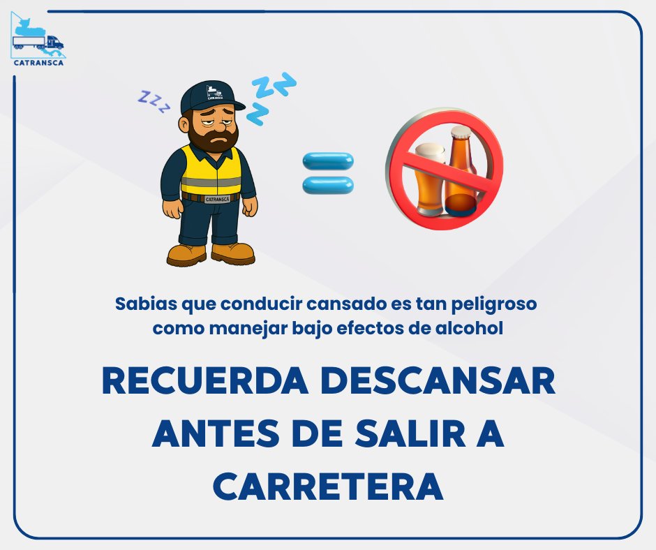 😴 Conducir cansado es tan peligroso como manejar bajo alcohol. 🚛 Recuerda dormir lo suficiente antes de manejar Descansa antes de salir. 

#CATRANSCA #SeguridadVial #ConduceSeguro #PilotosResponsables