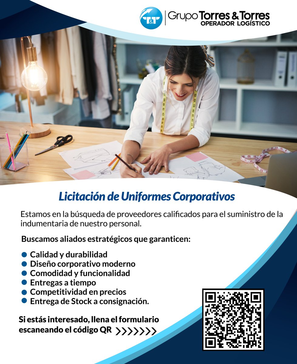 👔 Grupo Torres &amp; Torres abre licitación de uniformes corporativos
Buscamos proveedores que garanticen calidad, diseño moderno, comodidad, entregas a tiempo y precios competitivos.

📌 Postula aquí: zurl.co/N5Nay