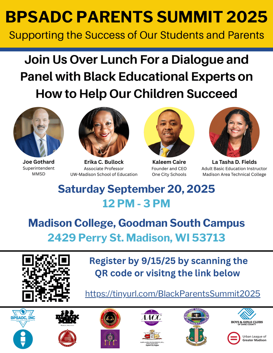 Every parent has questions.
Every parent deserves answers.

The Black Parents Summit gives you the mic. Come ready to ask, to share, to push for better.

📅 Sept. 20 | Madison College | 12–3 PM
🎟️ Lunch provided | RSVP today: tinyurl.com/BlackParentsSu…

#ForOurKids #MadisonWI