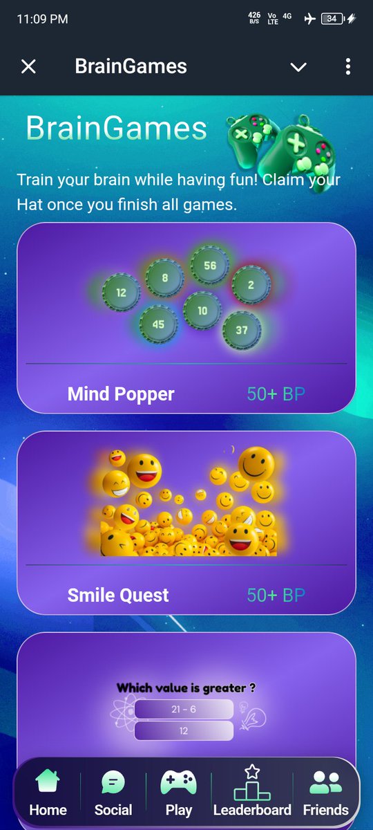 Level up your mind while having fun!

From Mind Popper to Smile Quest, BrainGames keeps your brain sharp &amp; rewards you with BP points.

Train smarter, play harder, claim your hat when you finish all games! 🎩

#BrainGames #PlayToEarn #MindTraining
#Brainesge #LEARN
