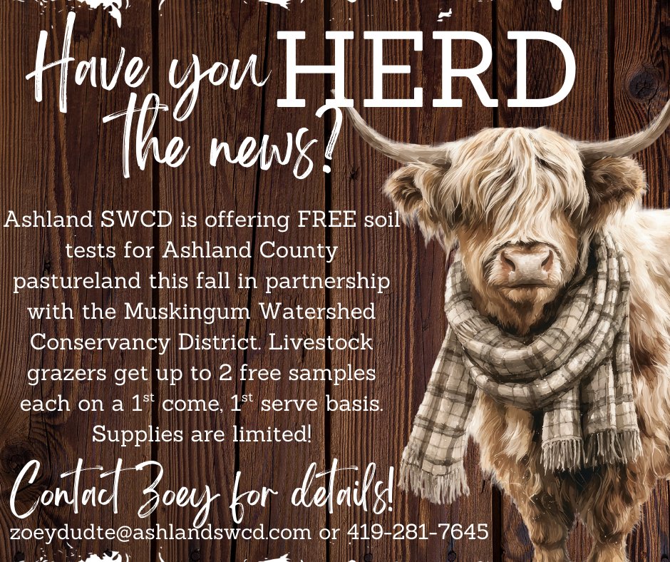 AshlandSWCD's tweet image. Don&apos;t miss out on the opportunity for a free soil test for your pastures this fall! 🌱 Contact Zoey Dudte to learn more and discover how to enhance your soil&apos;s fertility for next year&apos;s grazing season. #SoilHealth #FertilityTesting #PastureManagement 🌿