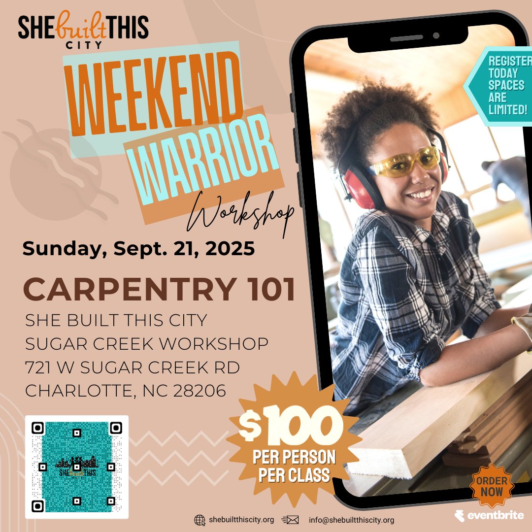 🛠️ Forget Pinterest fails, DIY dreams come true here! Weekend Warrior kicks off Sept. 21 w/ Carpentry 101. Learn real skills, no exp. needed.

📅 9/21 | 1:30–4:30
📍 721 W Sugar Creek, CLT
💲 $100 | Limited spots

👉  eventbrite.com/e/157941678110…

#WeekendWarrior #DIYCharlotte