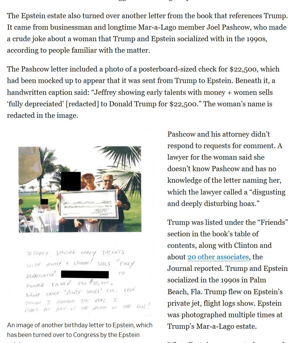 🚨 #BREAKINGNEWS In the Wall Street Journal article today there is a photo that Jeffrey Epstein claiming he sold Trump a woman for $22,500.  

The name of the survivor has been redacted for her safety. 🚨
