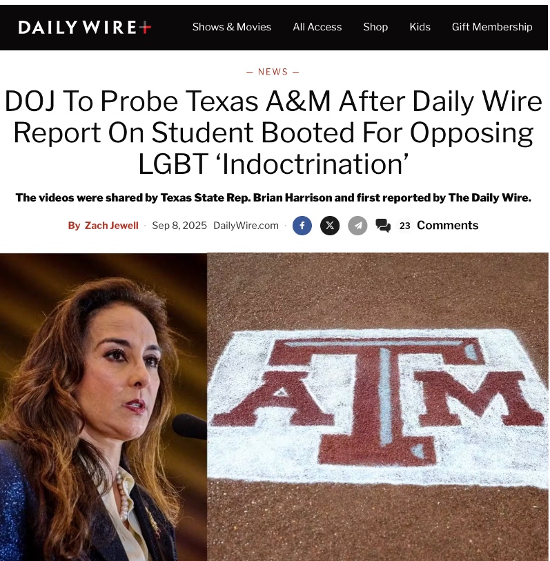Brian Harrison (@brianeharrison) on Twitter photo 🚨Huge!
From <a href="/realDailyWire/">Daily Wire</a>: The Department of Justice said on Monday that it would probe “deeply concerning” videos of a Texas A&M student being asked to leave class after pushing back on radical gender theory.
The videos, obtained and shared by Texas State Rep. Brian 🚨Huge!
From <a href="/realDailyWire/">Daily Wire</a>: The Department of Justice said on Monday that it would probe “deeply concerning” videos of a Texas A&M student being asked to leave class after pushing back on radical gender theory.
The videos, obtained and shared by Texas State Rep. Brian