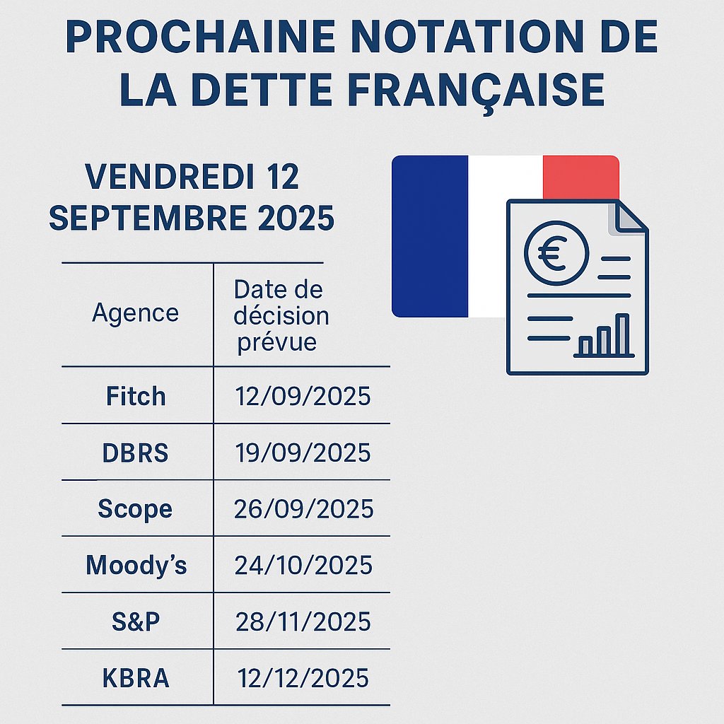 La prochaine échéance majeure pour la notation de la dette française interviendra le vendredi 12 septembre 2025, lorsque l’agence Fitch rendra sa décision. Cette date est particulièrement scrutée, car Fitch pourrait dégrader la note actuelle (AA-) vers un simple « A ».