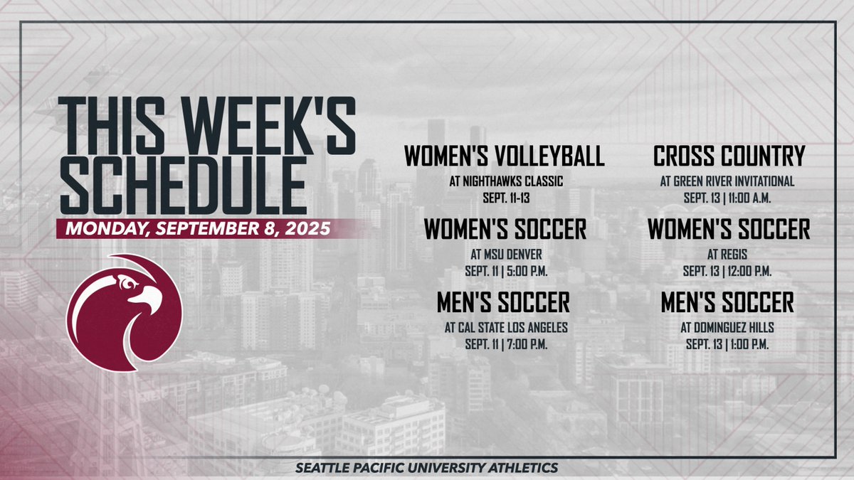 Seattle Pacific University athletics features a full slate of action this weekend with women’s volleyball, women’s soccer, men’s soccer, and men’s and women’s cross country competing in 10 events, all of which are on the road.

More | tinyurl.com/mtb98c9v

#GoFalcons